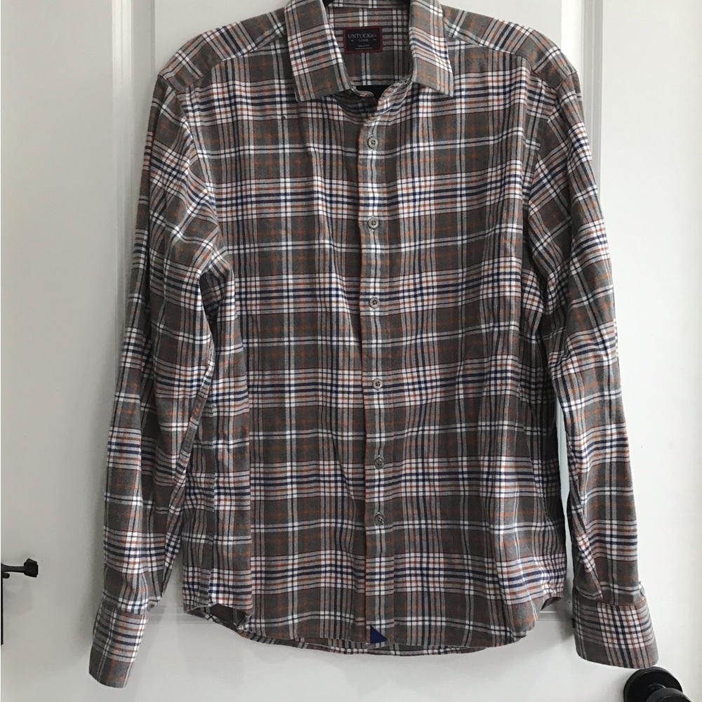 Untuckit Shirt Mens L Brown Orange Plaid Cotton‎ Button Up Long Sleeves